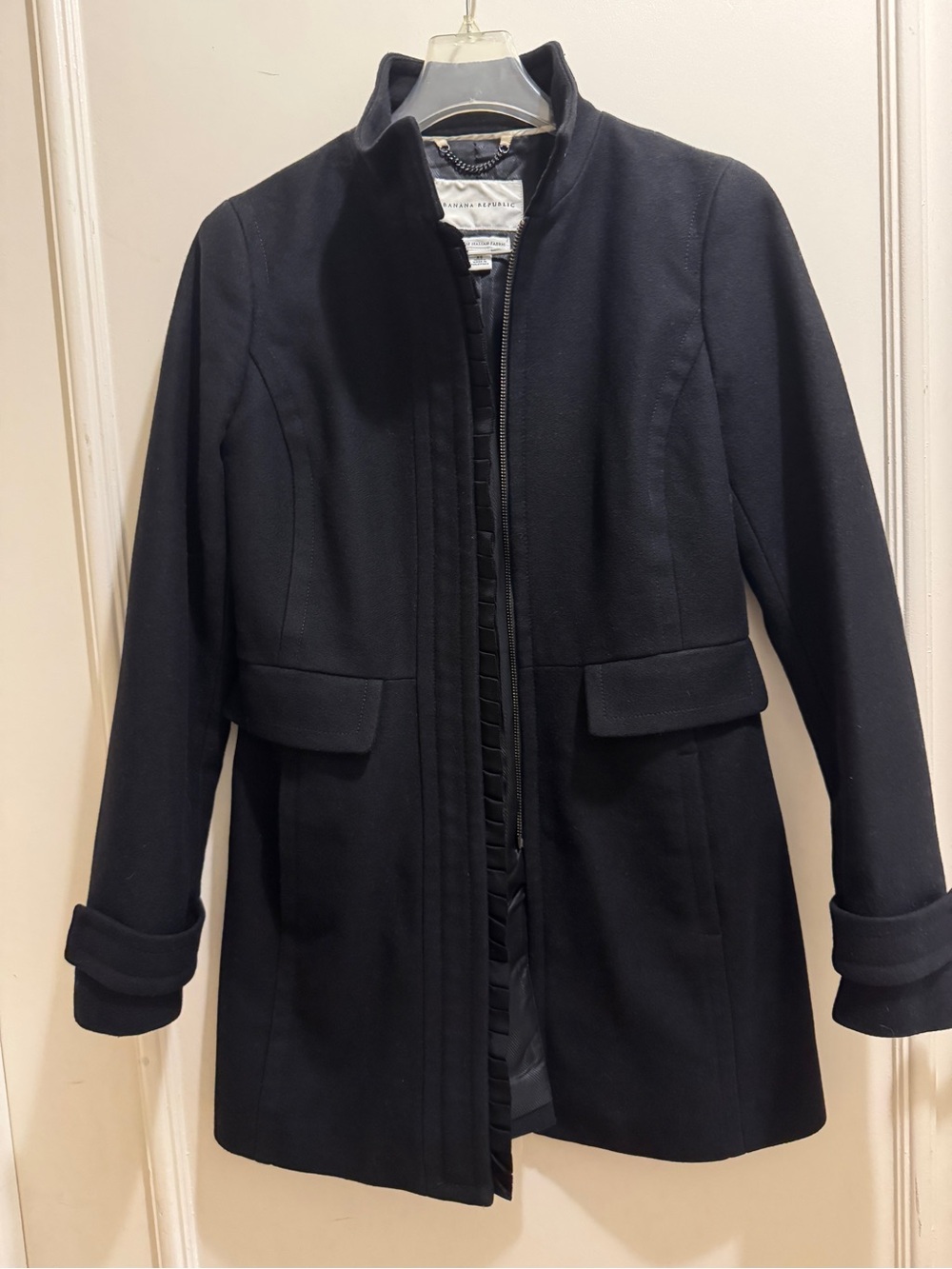 Banana Republic Black Pea Coat with Stand Collar and Ruffle Detail